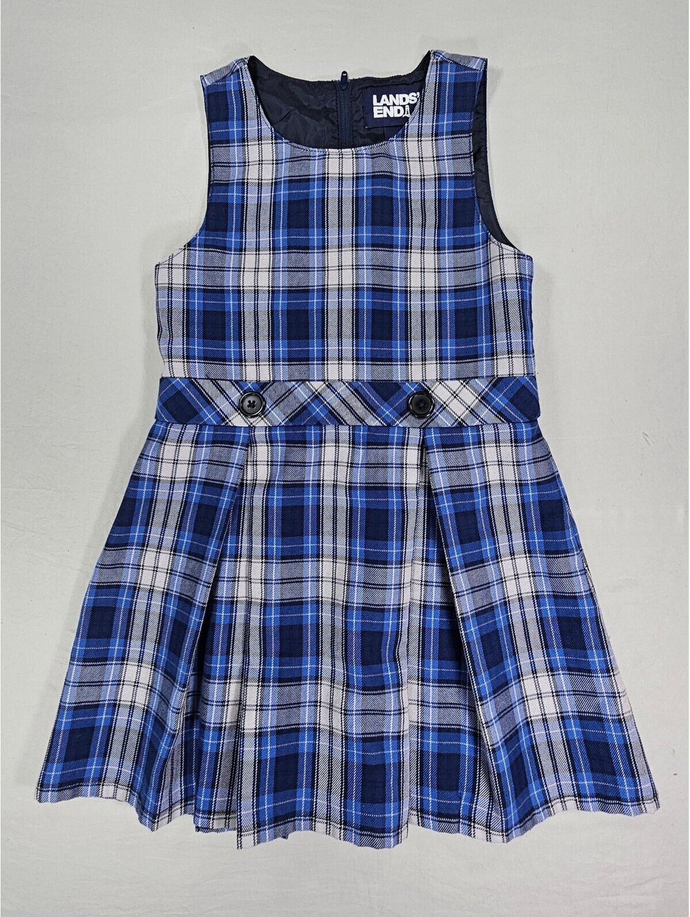 Lands' End Girls Size 6 Blue Plaid Pleated Fit & Flare Jumper Dress